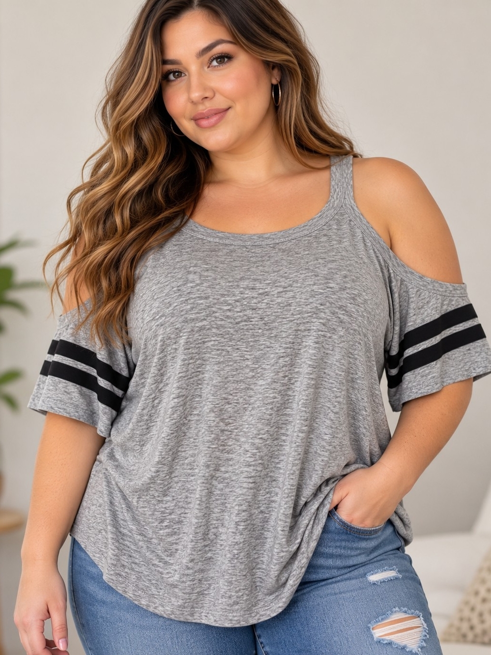 Torrid Gray Cold Shoulder Varsity Stripe Top Size 3 *See Measurements*